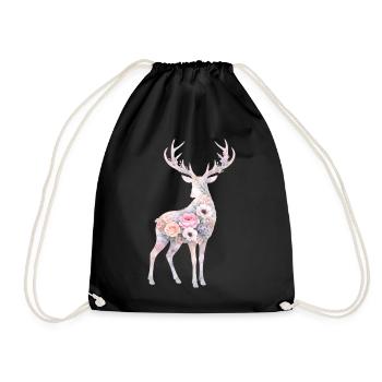Deer Watercolor Silhouette Flowers - Drawstring Bag - black - Front