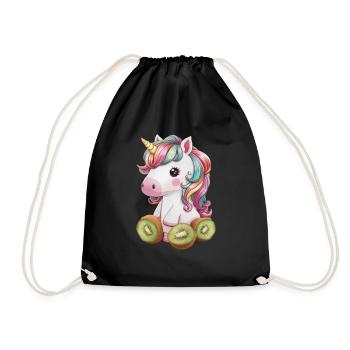 Cartoon Kawaii Unicorn with Kiwi - Drawstring Bag - black - Front