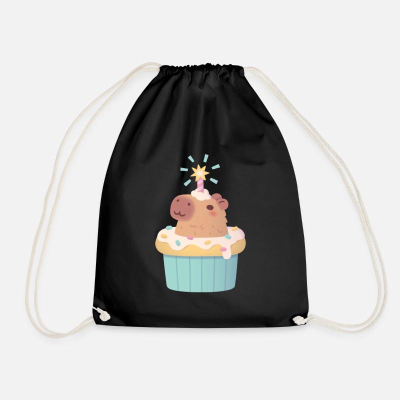 Cute Capybara In Cupcake Funny - Drawstring Bag - black