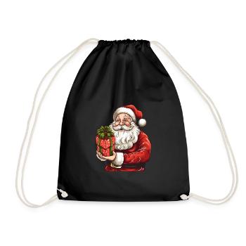 Knuffiger Weihnachtsmann mit Weihnachtsgeschenk - Turnbeutel - Schwarz - Vorne