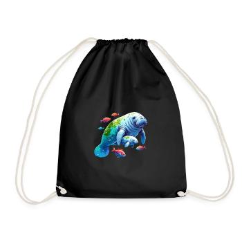 Manatee with calf and small colorful fish - Drawstring Bag - black - Front