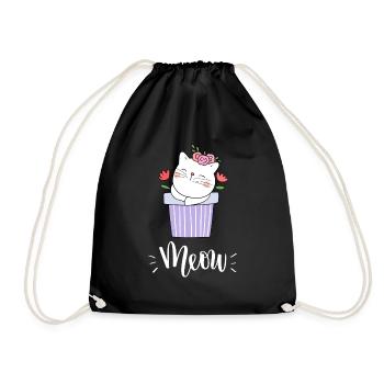 Niedliche Kawaii lustige Katze mit Blumen, die Miauen sagen - Turnbeutel - Schwarz - Vorne