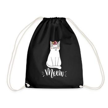 Niedliche Kawaii lustige Katze mit Blumen, die Miauen sagen - Turnbeutel - Schwarz - Vorne