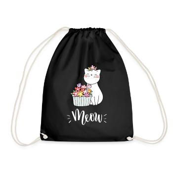 Niedliche Kawaii lustige Katze mit Blumen, die Miauen sagen - Turnbeutel - Schwarz - Vorne
