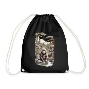 Japanese macaque ukiyo-e monkey in hot spring design - Drawstring Bag - black - Front