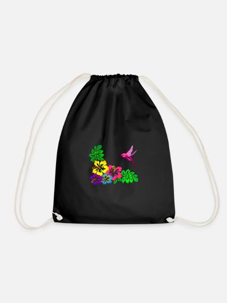 Tropical Hibiscus Motif Hummingbird - Drawstring Bag - black
