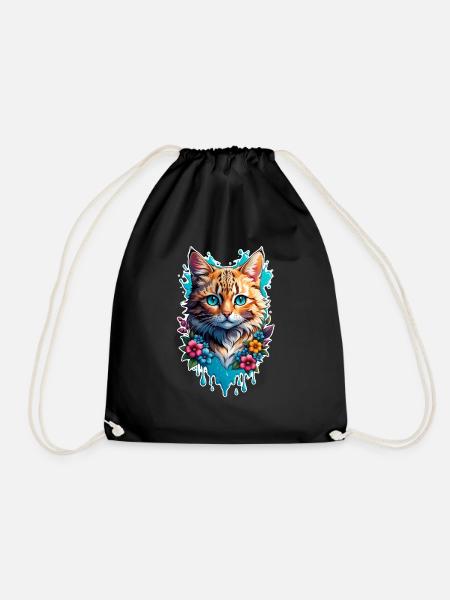 Katze und Blume Aquarell - Turnbeutel - Schwarz