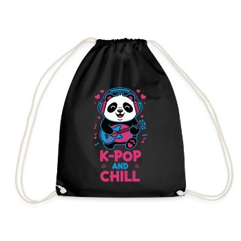 K-POP AND CHILL Cute Korean Kpop Music Panda - Drawstring Bag - black - Front