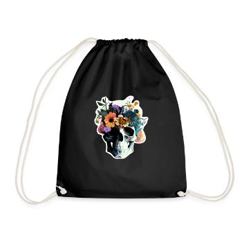 Human Skull & Flowers 38 - Drawstring Bag - black - Front