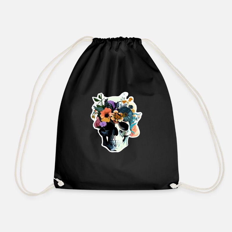 Human Skull & Flowers 38 - Drawstring Bag - black
