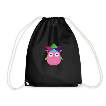 owl,boot,paper hat,colorful,illustration,pink - Drawstring Bag - black - Front
