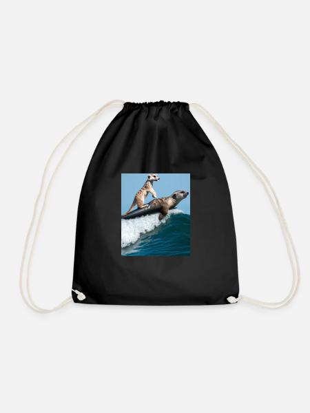 Otter and meerkat Otter surfs meerkats - Drawstring Bag - black