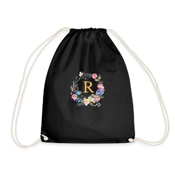 R Monogram Floral, Floral Wreath, Personalizable - Drawstring Bag - black - Front