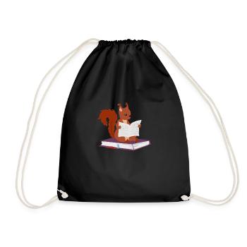 Squirrel Reads Book Illustration Gift - Drawstring Bag - black - Front