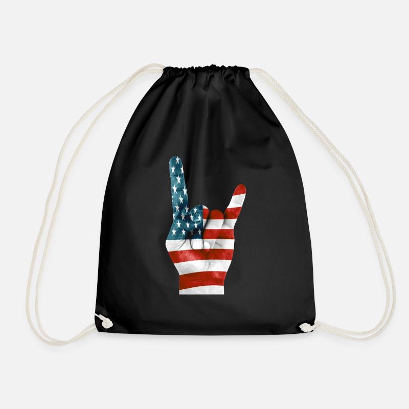 American flag on a Rock'n'Roll hand - Drawstring Bag - black