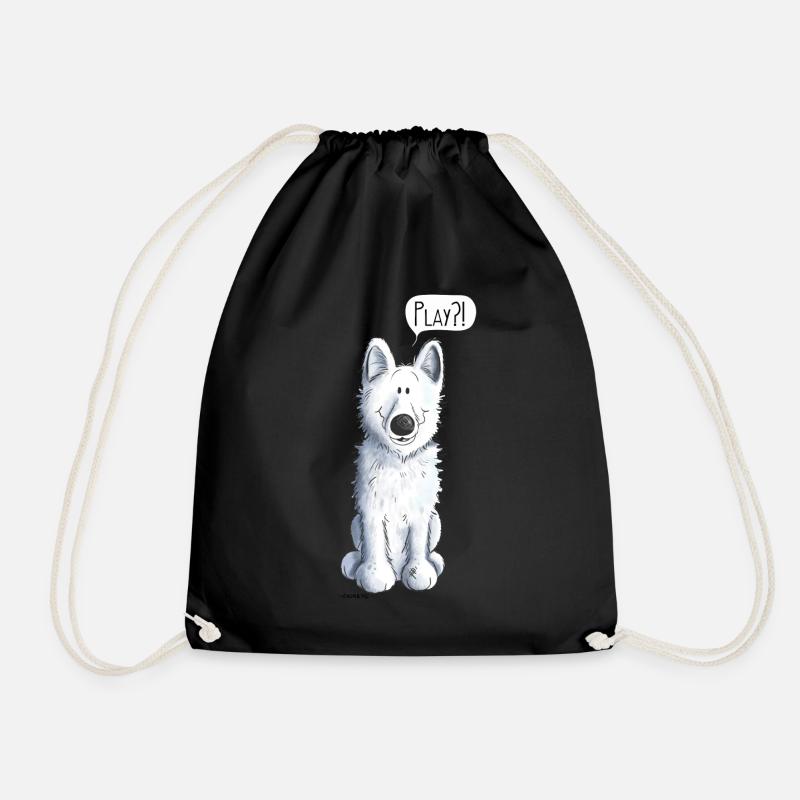 Playing White Shepherd - Dog - Dogs - Animal - Drawstring Bag - black