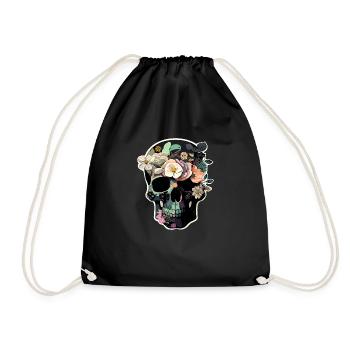 Human Skull & Flowers 37 - Drawstring Bag - black - Front