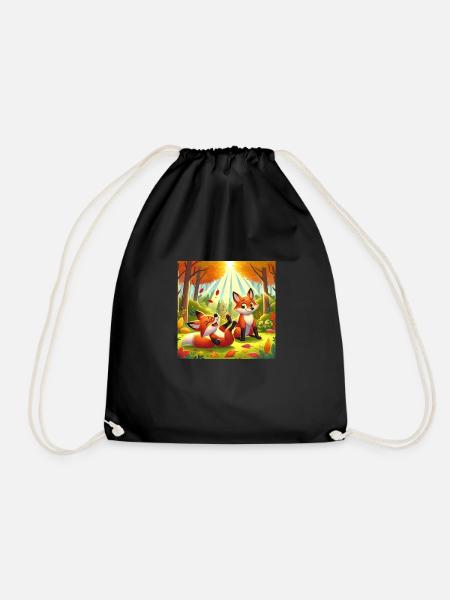 Cute and cheerful little foxes in the forest - Drawstring Bag - black
