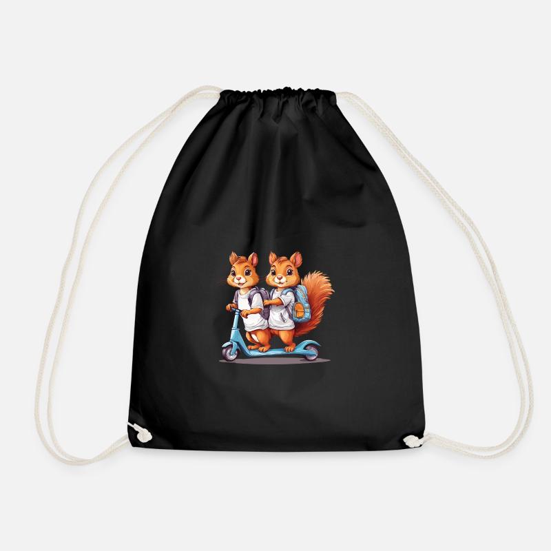 Fröhliche Eichhörnchen Zwillinge Schulweg Design - Turnbeutel - Schwarz