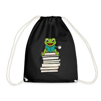Frog sitting on Book Reading and drinking Coffee - Drawstring Bag - black - Front