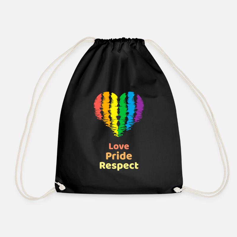 Love Pride Respect. Rainbow Heart LGBTQ Rights - Drawstring Bag - black