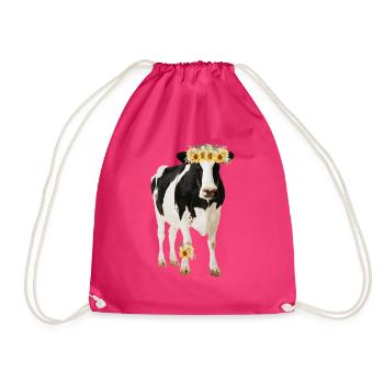 Holstein Cow With Flowers - Drawstring Bag - fuchsia - Front