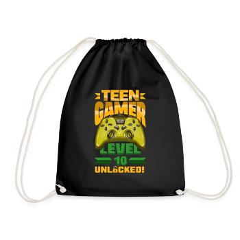 Funny Gamer 10th Birthday Boy Teen Gamer Level 10 - Drawstring Bag - black - Front