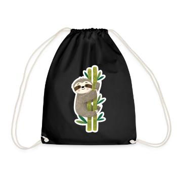 Cute Sloth on Bamboo – Kawaii Illustration - Drawstring Bag - black - Front