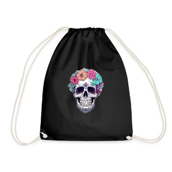 Human Skull & Flowers 31 - Drawstring Bag - black - Front