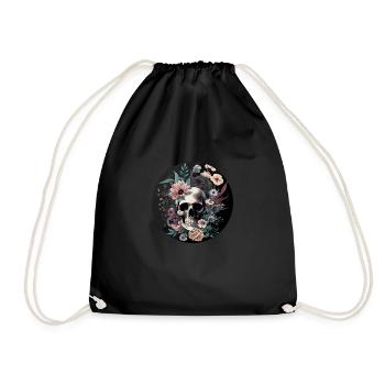 Human Skull & Flowers 35 - Drawstring Bag - black - Front