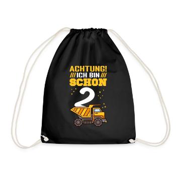 Achtung! Ich bin schon 2 - Bagger Baustelle Geburt - Turnbeutel - Schwarz - Vorne