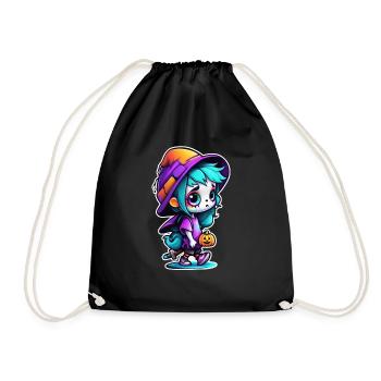 Halloween - Witch with Bat Hat - Drawstring Bag - black - Front