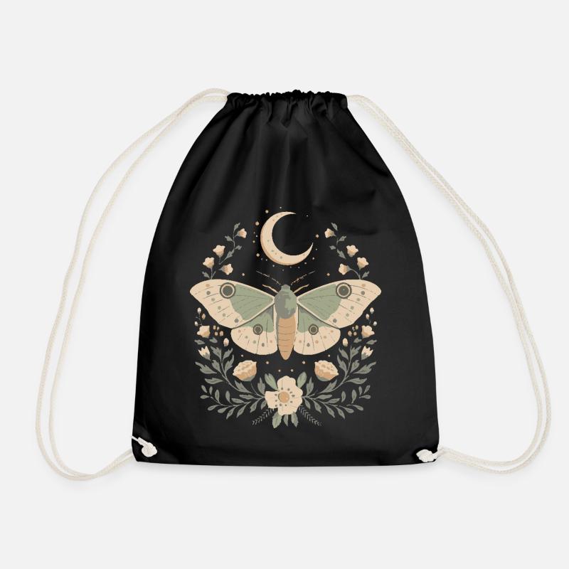 Whimsical Moth Illustration - Drawstring Bag - black
