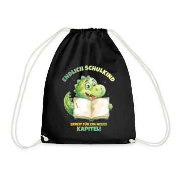 Endlich Schulkind Aquarell Dino mit Buch - grün  - Turnbeutel - Schwarz - Vorne