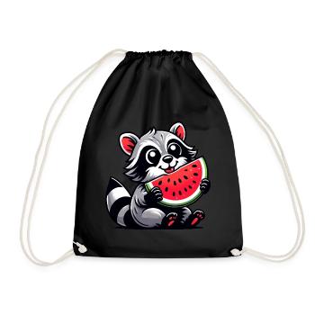 Raccoon with Watermelon Fruity Funny - Drawstring Bag - black - Front