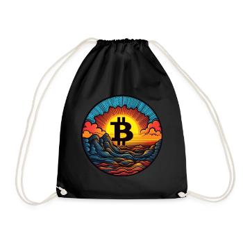 Bitcoin Logo, Symbol, Sonnenaufgang, Urlaub, Sonne - Turnbeutel - Schwarz - Vorne