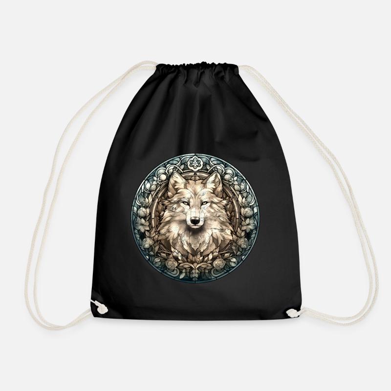 Weißer Wolf, Blumen, Bleiglas Stil, Tiere, Vintage - Turnbeutel - Schwarz