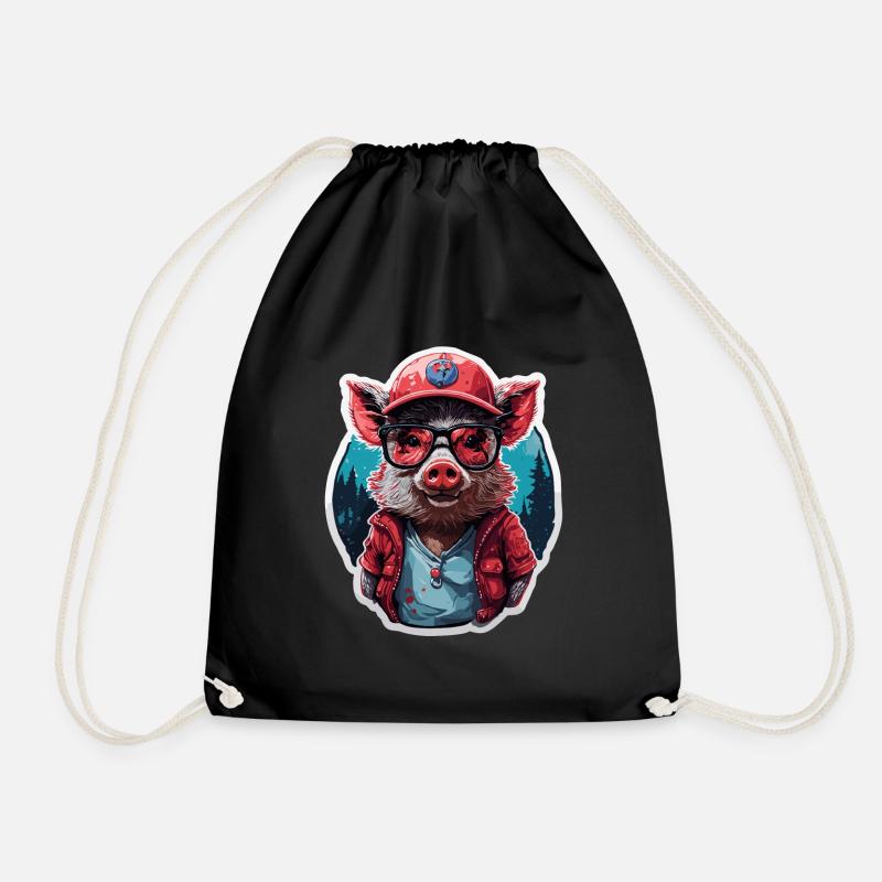 Wild Boar Cool Cute Baseball Cap and Sunglasses - Drawstring Bag - black