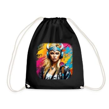 Modern Viking woman with headphones - Drawstring Bag - black - Front