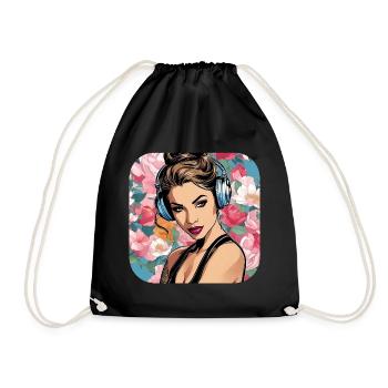 Fille cool avec des écouteurs et des fleurs - Sac de sport léger - noir - Devant