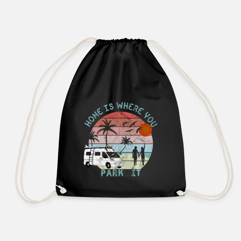 Van vibes - home is where you park it - retro - Drawstring Bag - black