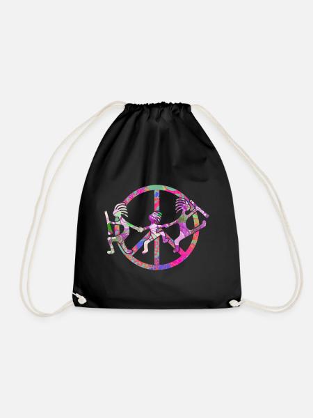 Kokopelli Family in Peace Sign Design 3 - Drawstring Bag - black