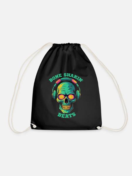Skull wearing headphones - Bone shakin' beats - Drawstring Bag - black