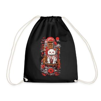 Japanese Lucky Cat in Ukiyo-E Style Cats - Drawstring Bag - black - Front