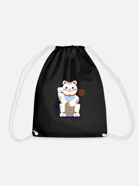 Maneki Neko, Cat, Lucky Cat, Neko, Japanese - Drawstring Bag - black