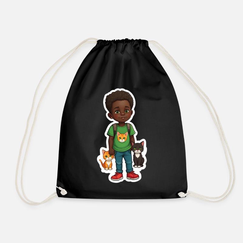 Kids with Animals Cartoon Design - Drawstring Bag - black