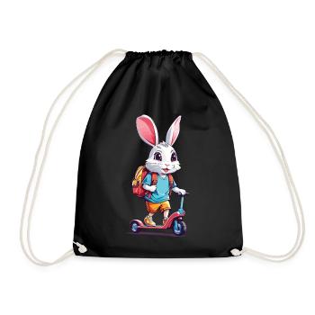 Cheerful Schoolchild Bunny Kick Scooter Design - Drawstring Bag - black - Front