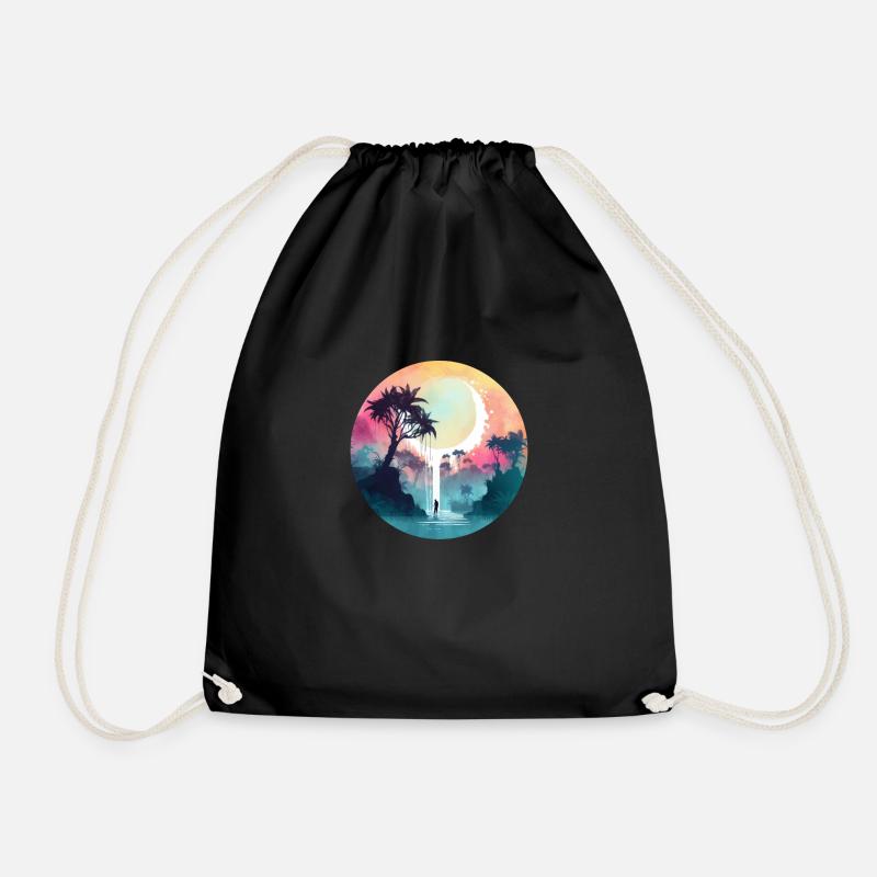 Fantasy lake with palms and waterfall - Drawstring Bag - black