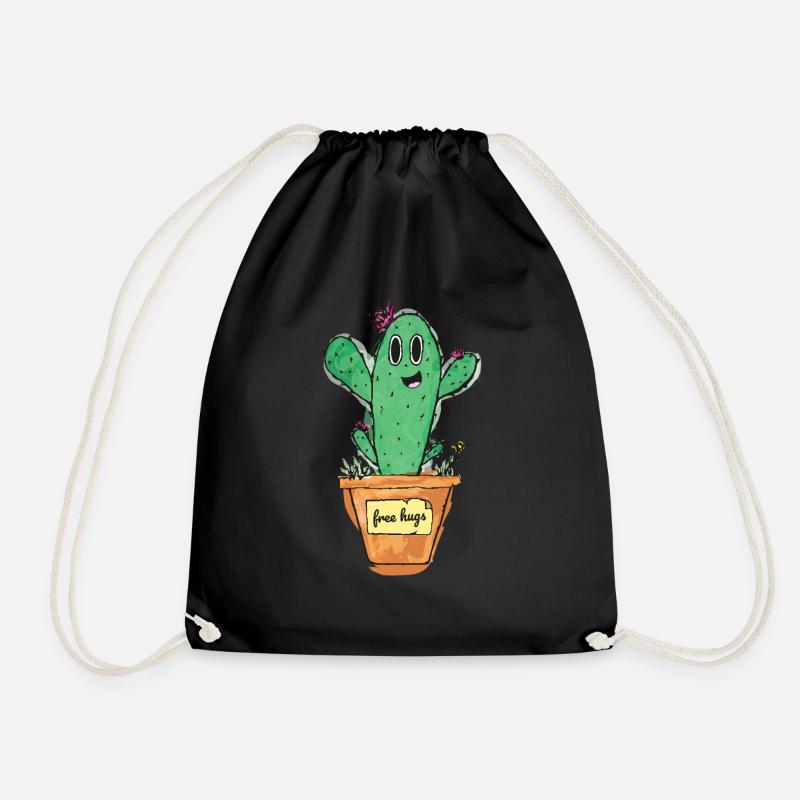 Cute cactus with pot and shield - free hugs - Drawstring Bag - black