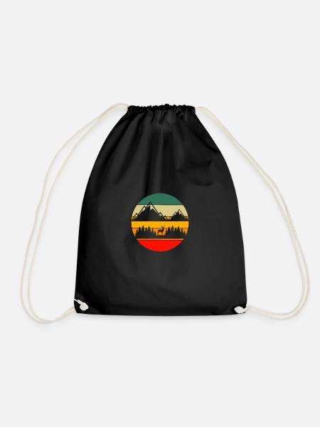 Retro Mountains Hiking Deer Forest Animal Nature - Drawstring Bag - black